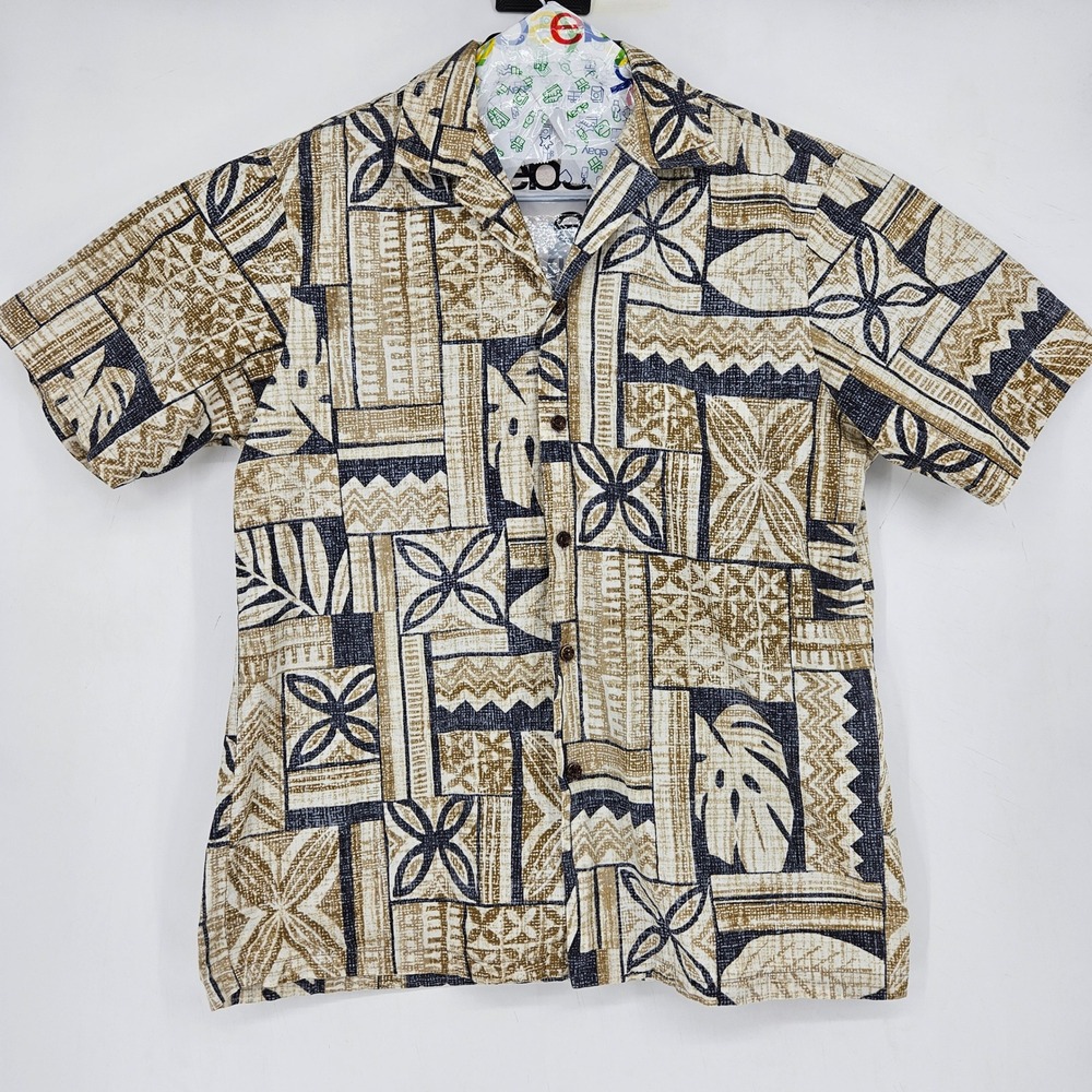 Vintage RJC Shirt Mens Large Hawaiian Reverse Print Tiki Geometric Short Sleeve‎